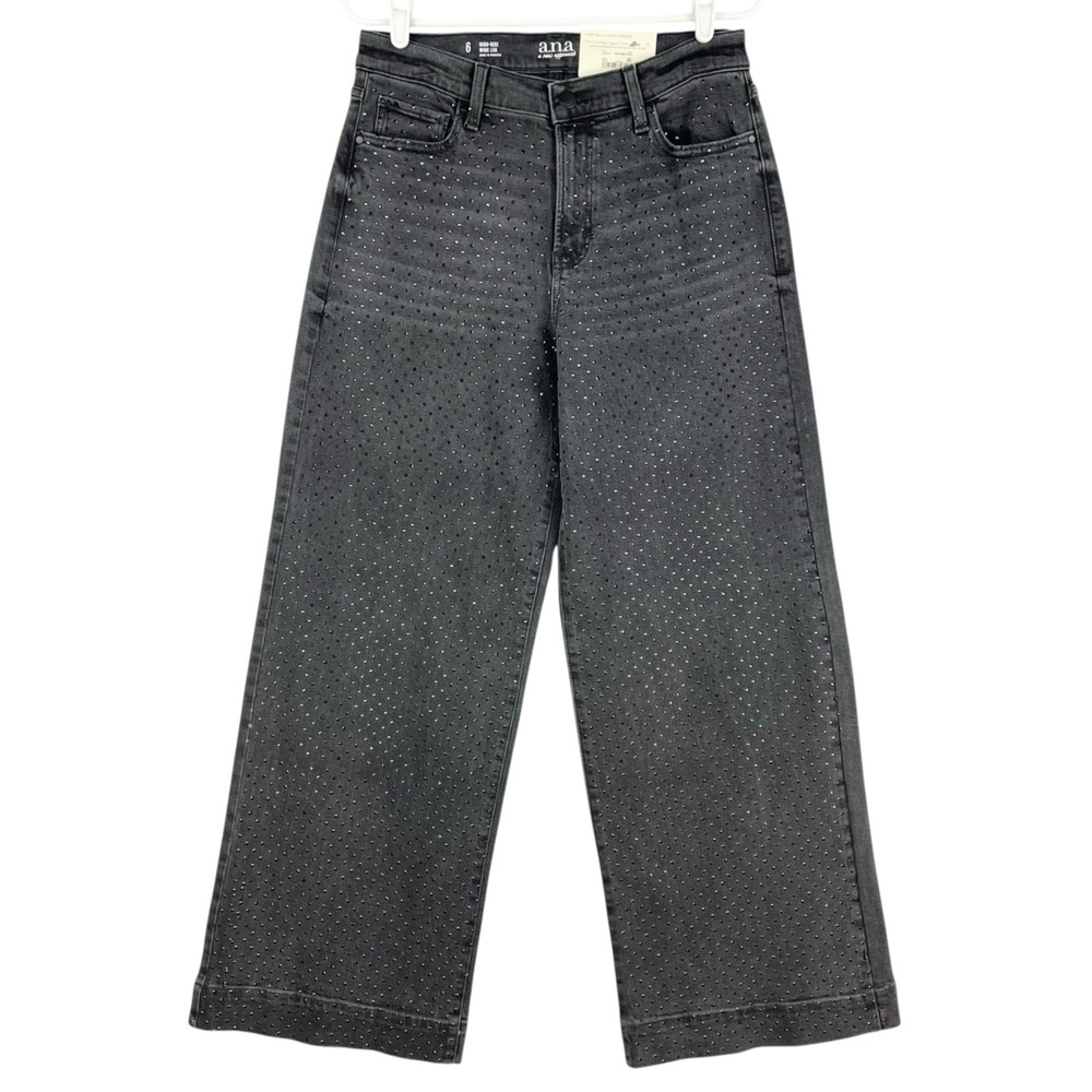 NWTD a.n.a. Women's Wide Leg Stretch Embellished Onyx Black Denim Jeans Size 6